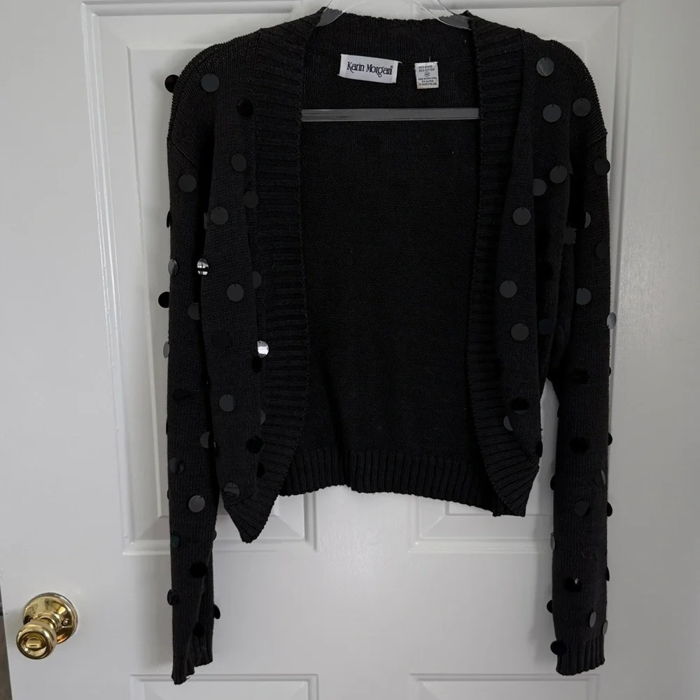 Vintage Karin Morgan Black Open Front Cardigan with Large Sequins  - Size Medium - Picture 7 of 9